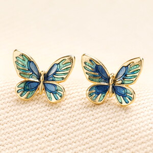 Blue and Green Butterfly Stud Earrings in Gold