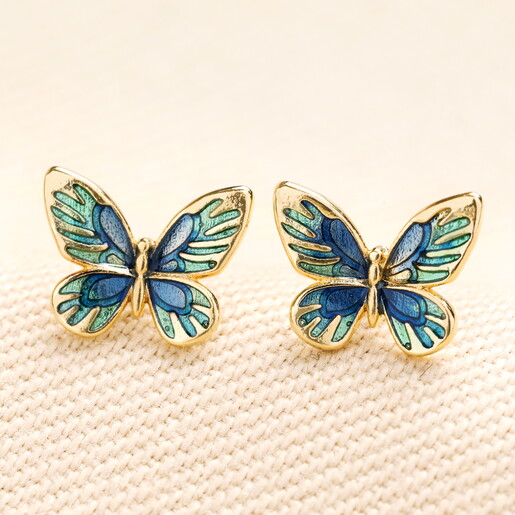 Blue and Green Butterfly Stud Earrings in Gold
