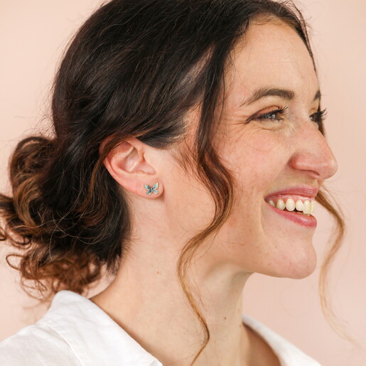 Blue and Green Butterfly Stud Earrings in Gold