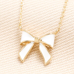 Enamel White Bow Pendant Necklace in Gold
