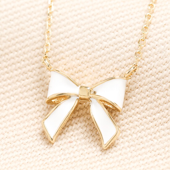 Enamel White Bow Pendant Necklace in Gold