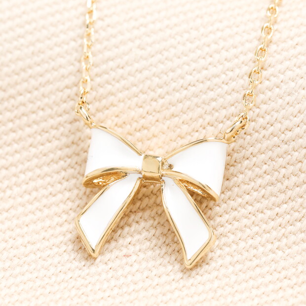 Enamel White Bow Pendant Necklace in Gold