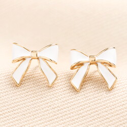 Enamel White Bow Stud Earrings in Gold