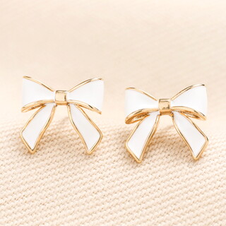 Enamel White Bow Stud Earrings in Gold