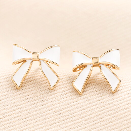 Enamel White Bow Stud Earrings in Gold