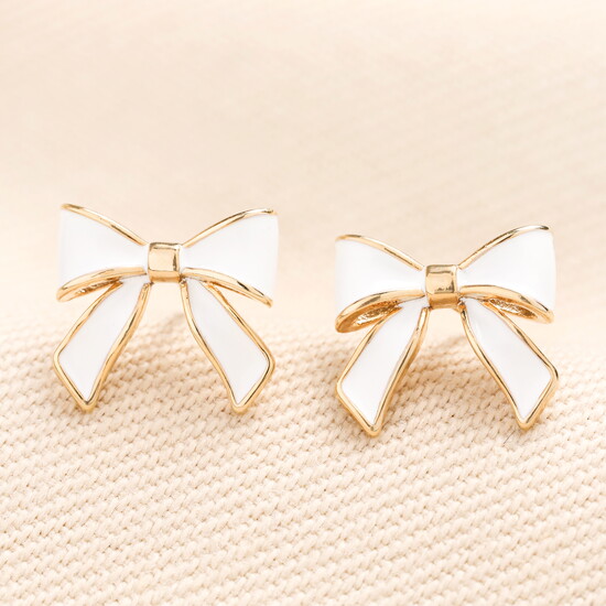 Enamel White Bow Stud Earrings in Gold