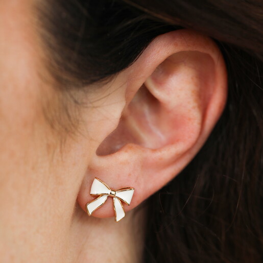 Enamel White Bow Stud Earrings in Gold