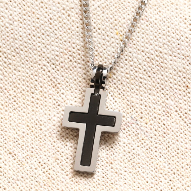 Men's Stainless Steel Black Cross Pendant Necklace in Silver