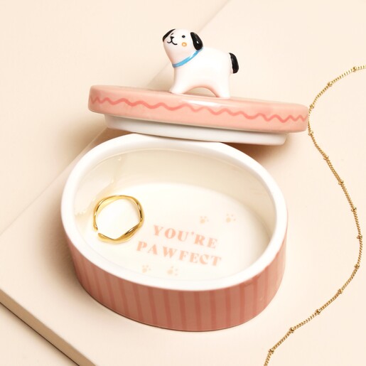 Pink Oval Ceramic Dog Trinket Pot With The Lid Off