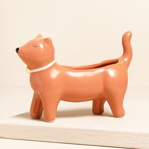 Orange Ceramic Standing Cat Planter