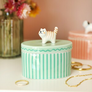 Green Oval Ceramic Cat Trinket Pot