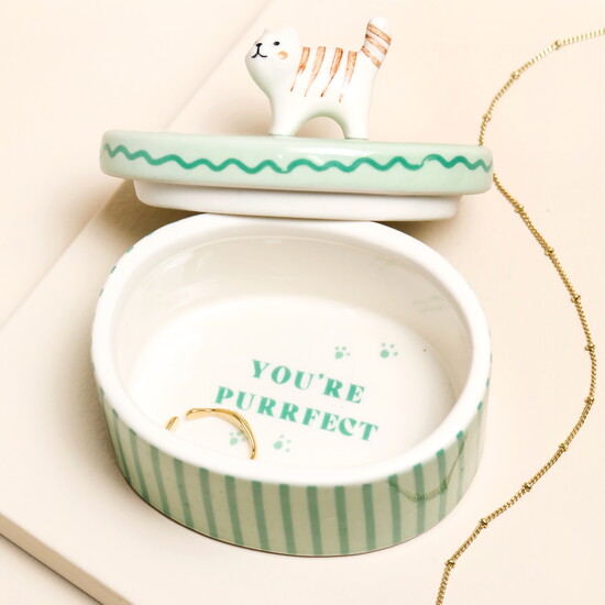 Green Oval Ceramic Cat Trinket Pot