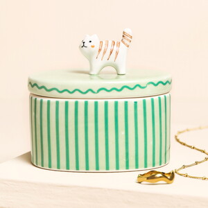Green Oval Ceramic Cat Trinket Pot