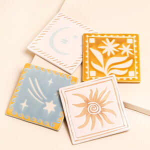 Set of 4 Celestial Square Ceramic Coasters