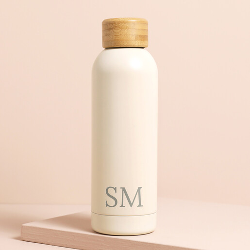 Personalised Cream Metal Water Bottle with Bamboo Top