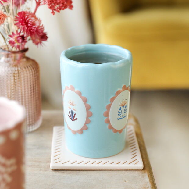 Blue Framed Floral Scalloped Edge Ceramic Tumbler