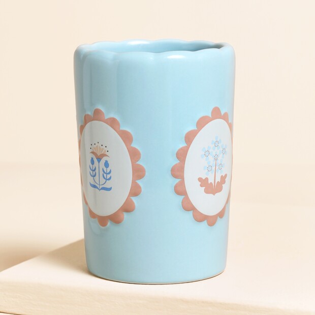 Blue Framed Floral Scalloped Edge Ceramic Tumbler