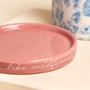 close up of pink planter dish with text