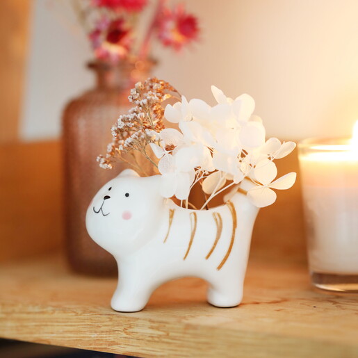 cat bud vase in white and brown