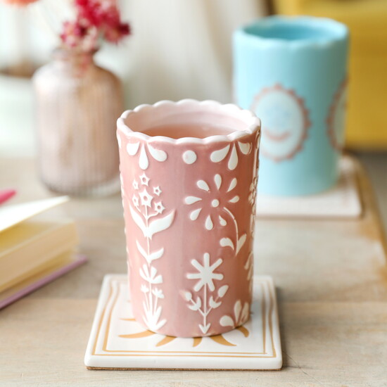 Pink Floral Scalloped Edge Ceramic Tumbler