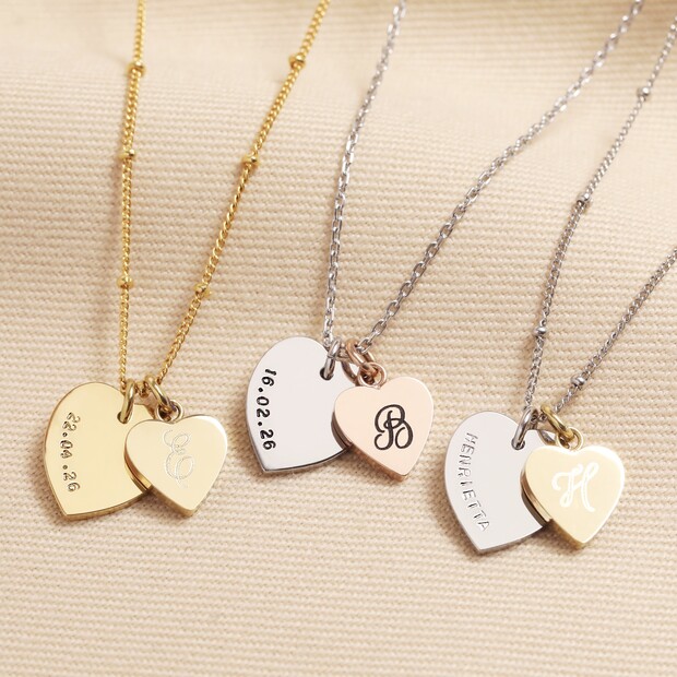 Personalised Stainless Steel Double Heart Charm Necklace