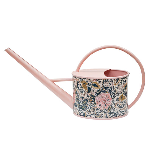 A Pastel Pink Metal Watering Can for Indoor Plant Watering With a Retro Inspired Floral Print
