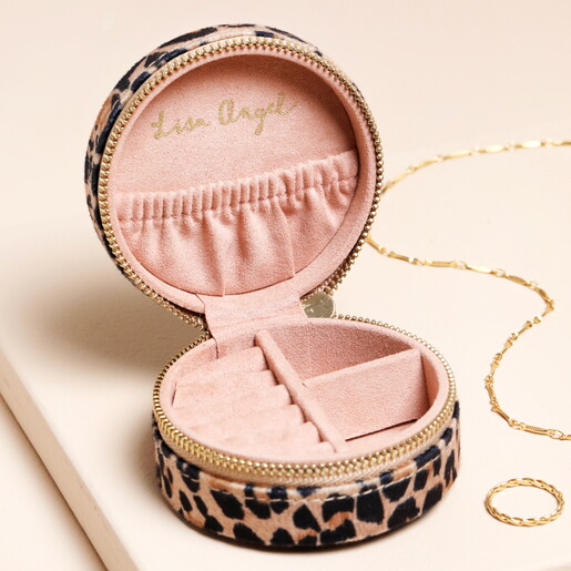 Leopard Print Velvet Round Travel Jewellery Case