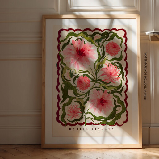 lifestyle shot of A3 print with Dahlia design