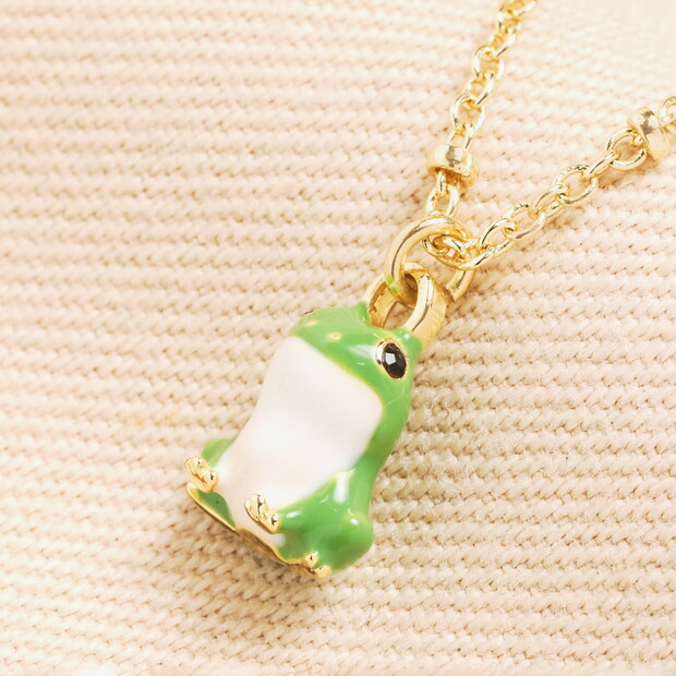 Stainless Steel Green Enamel Frog Pendant Necklace in Gold