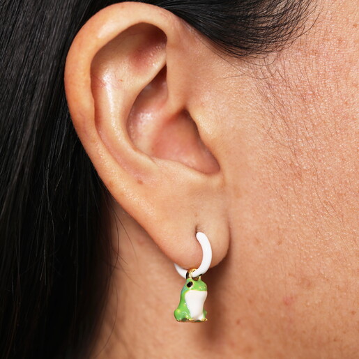 Stainless Steel White Enamel Frog Hoop Earrings in Gold close up on model