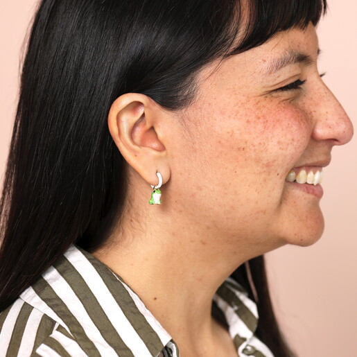Stainless Steel White Enamel Frog Hoop Earrings in Gold on model
