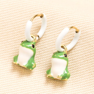 Stainless Steel White Enamel Frog Hoop Earrings in Gold