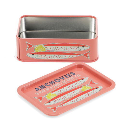 pink tin with fish design