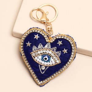 Beaded Blue Evil Eye Heart Keyring and Bag Charm