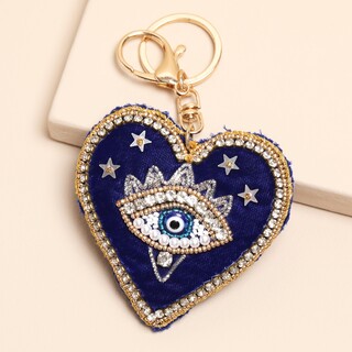 Beaded Blue Evil Eye Heart Keyring and Bag Charm