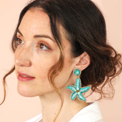 Beaded Blue Starfish Drop Earrings