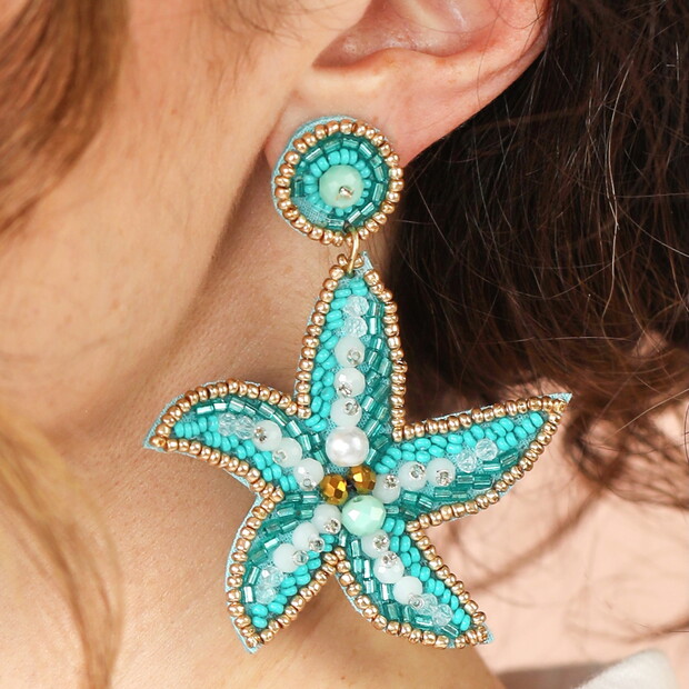 Beaded Blue Starfish Drop Earrings