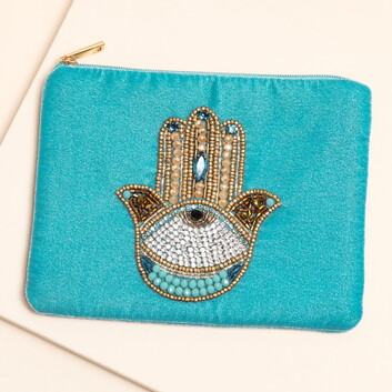 Blue Velvet Beaded Hamsa Hand Pouch