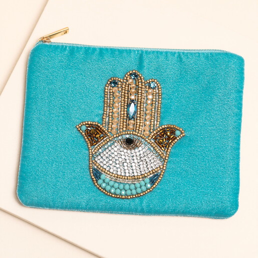 Blue Velvet Beaded Hamsa Hand Pouch