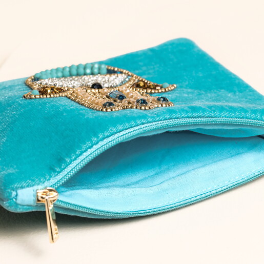 Blue Velvet Beaded Hamsa Hand Pouch