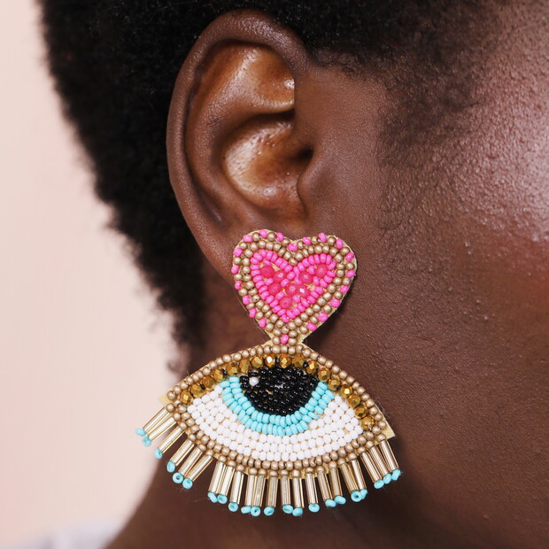 Beaded Heart Eye Drop Earrings