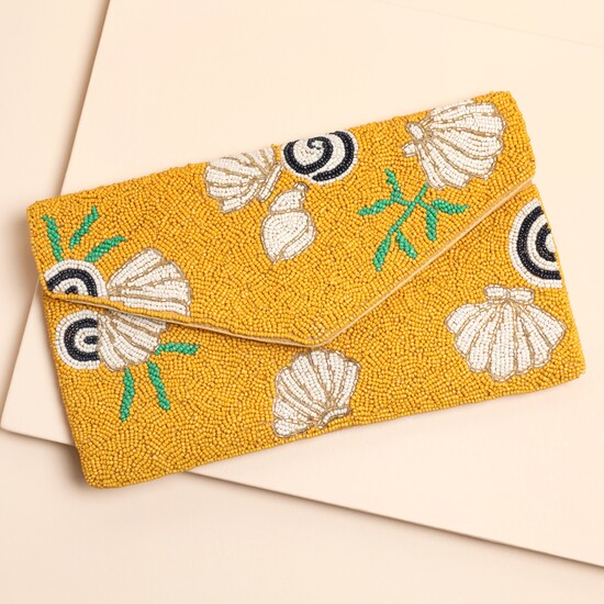 Beaded Mustard Shell Envelope Clutch Bag