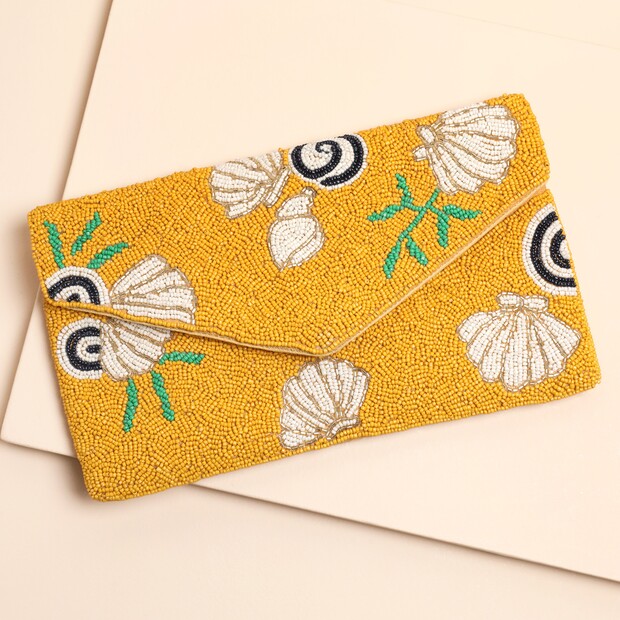 Beaded Mustard Shell Envelope Clutch Bag