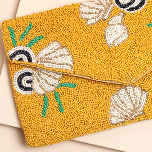 mustard beaded clutch bag