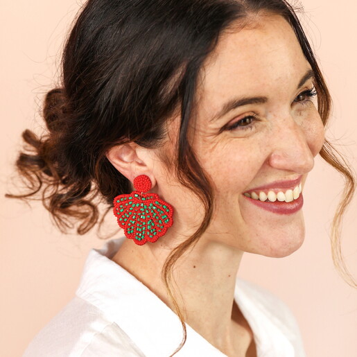 Beaded Red & Green Shell Drop Earrings