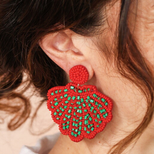 Beaded Red & Green Shell Drop Earrings