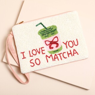 Beaded White 'I Love You So Matcha' Pouch
