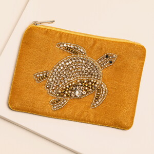 Mustard Velvet Gold Beaded Turtle Pouch