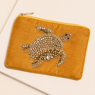 Mustard Velvet Gold Beaded Turtle Pouch