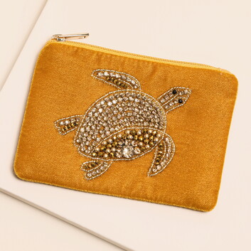 Mustard Velvet Gold Beaded Turtle Pouch